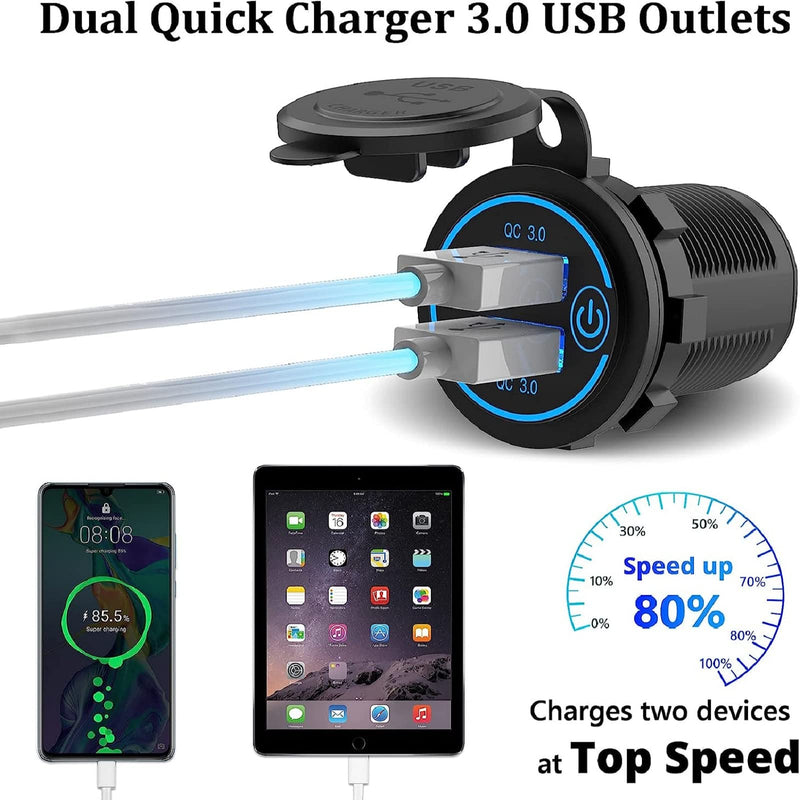  [AUSTRALIA] - [2 Pack] 12V USB Outlet, Quick Charge 3.0 Dual USB Power Outlet with Touch Switch, Waterproof 12V/24V Fast Charge USB Charger Socket DIY Kit for Car Boat Marine Bus Truck Golf Cart RV Motorcycle, etc.