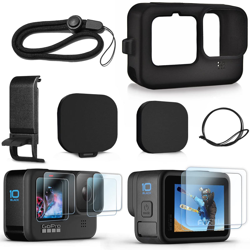  [AUSTRALIA] - FitStill Silicone Sleeve Case for Hero 10 /Hero 9 Black, Battery Side Cover & Screen Protectors & Lens Caps & Lanyard for Go Pro Hero10 Hero9 Accessories Kit
