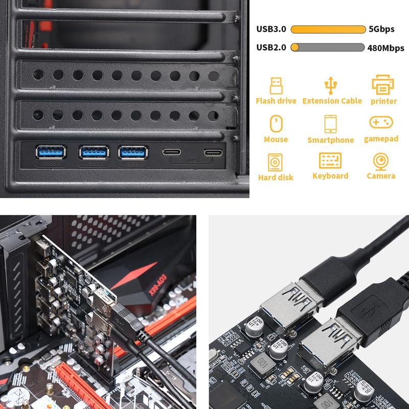 [AUSTRALIA] - XRIKUI PCIe to USB 3.0 5X USB-A and 2X USB-C Ports Expansion Card,PCI Express Internal USB 3 Hub Converter for Desktop PCS Riser Card