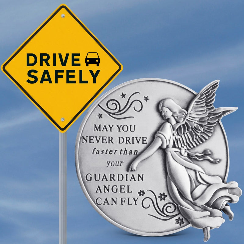  [AUSTRALIA] - Guardian Angel Visor Clip For Car: 2-1/4 Inch Diameter Metal, Reads MAY YOU NEVER DRIVE FASTER THAN YOUR GUARDIAN ANGEL CAN FLY, Best Parents Gift Idea for New Driver & Loved Ones Cars (1) 1