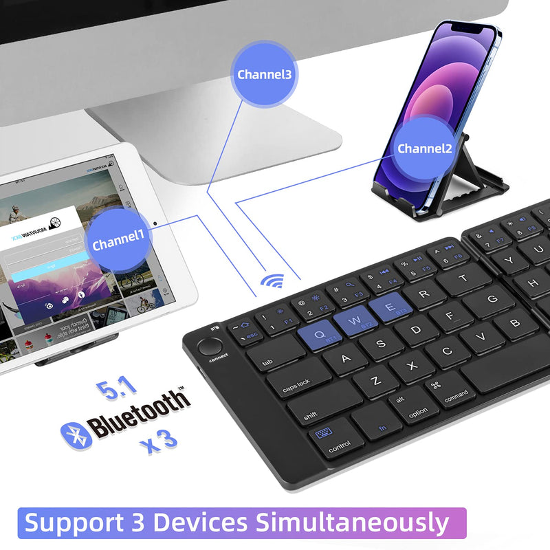  [AUSTRALIA] - Multi-Device Bluetooth Foldable Keyboard, Samsers Wireless Portable Folding Keyboard, Full Size Ultra Slim Rechargeable Keyboard Connect Up to 3 Devices for IOS Android Windows phone Tablet and Laptop Black - BT*3