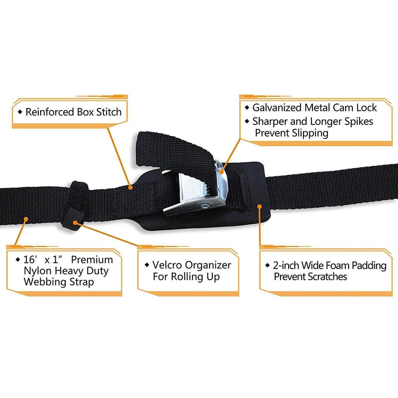  [AUSTRALIA] - Boncas Sturdy 16-foot-by-1-inch Tie Down Strap Lashing Strap Cargo Tie-Down Strap Padded Cam Lock Buckle, 2 Pack