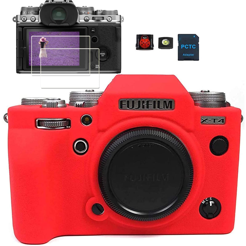 [AUSTRALIA] - PCTC Silicone Protective Cover Housing Frame Shell Case for Fujifilm X-T4(Red), Tempered galss Screen Protector xt4 (2 Pack), Lovely Ladybug hotshoe Cap, Bubble Spirit Level hotshoe caps