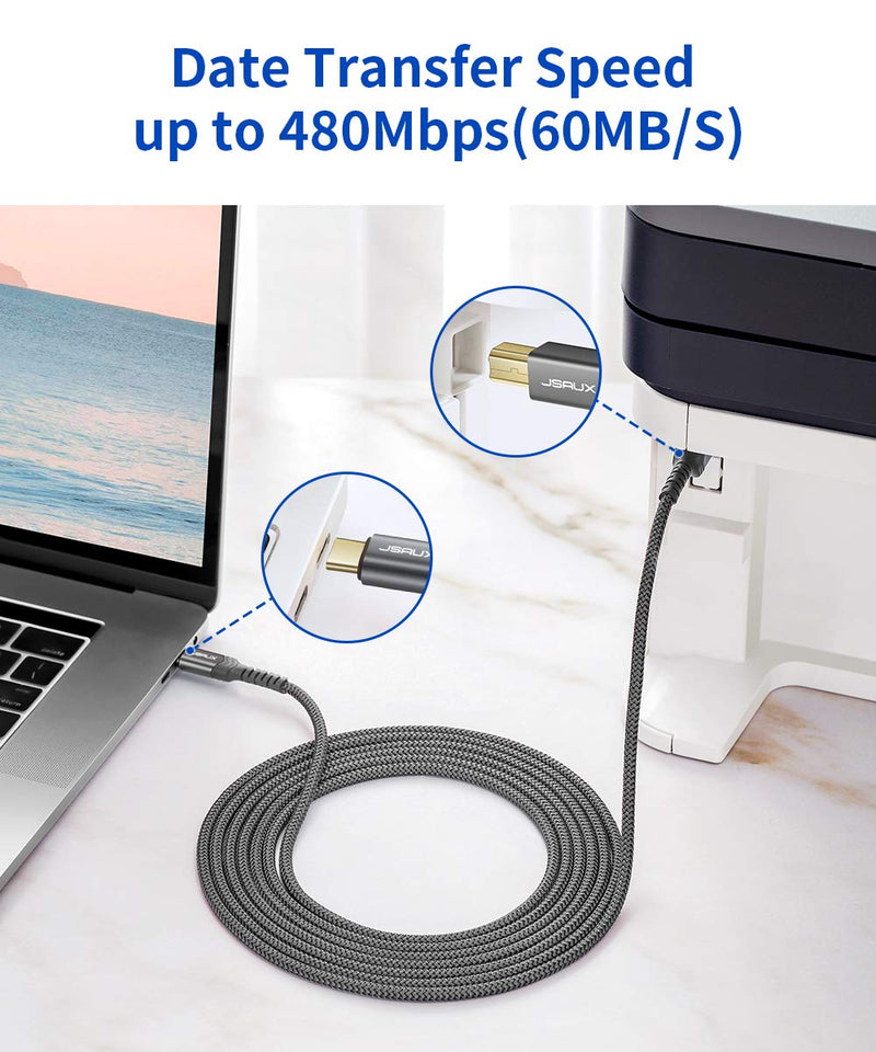  [AUSTRALIA] - USB B to USB C Printer Cable 10ft, JSAUX USB C to USB B Printer Cable Nylon Braided, USB C MIDI Cable Compatible for MacBook Pro, HP, Epson, Canon, Brother, Lexmark, Xerox Printers and Scanners-Grey Grey