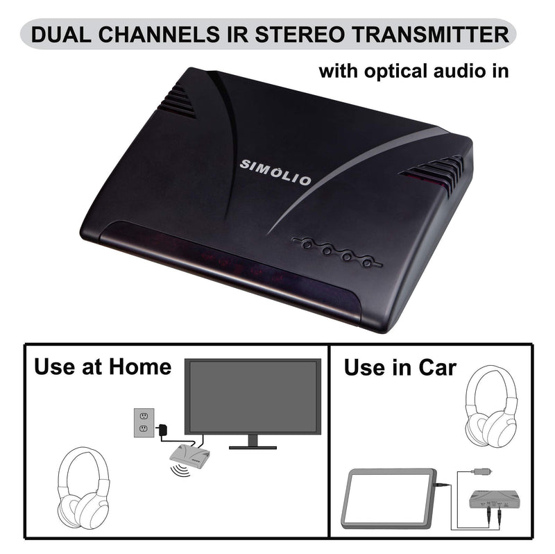  [AUSTRALIA] - SIMOLIO Dual Channels IR Transmitter w/Optical in & IR Wireless Headphones w/Storage Bag for Car&TV& PC,Car Headphones for Kids w/ 3.5mm Aux Cord, Automotive IR Headphone, Car DVD Infrared Headphone