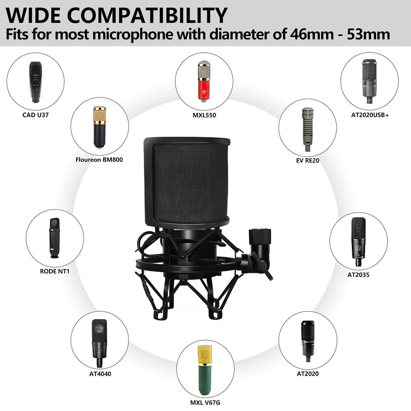  [AUSTRALIA] - Microphone Shock Mount with Pop Filter, PEMOTech Mic Anti-Vibration Suspension Shock Mount Holder for 46mm-53mm Diameter Microphone, Compatible for AT2020 Microphone Shock Mount Bonus Screw Adapter