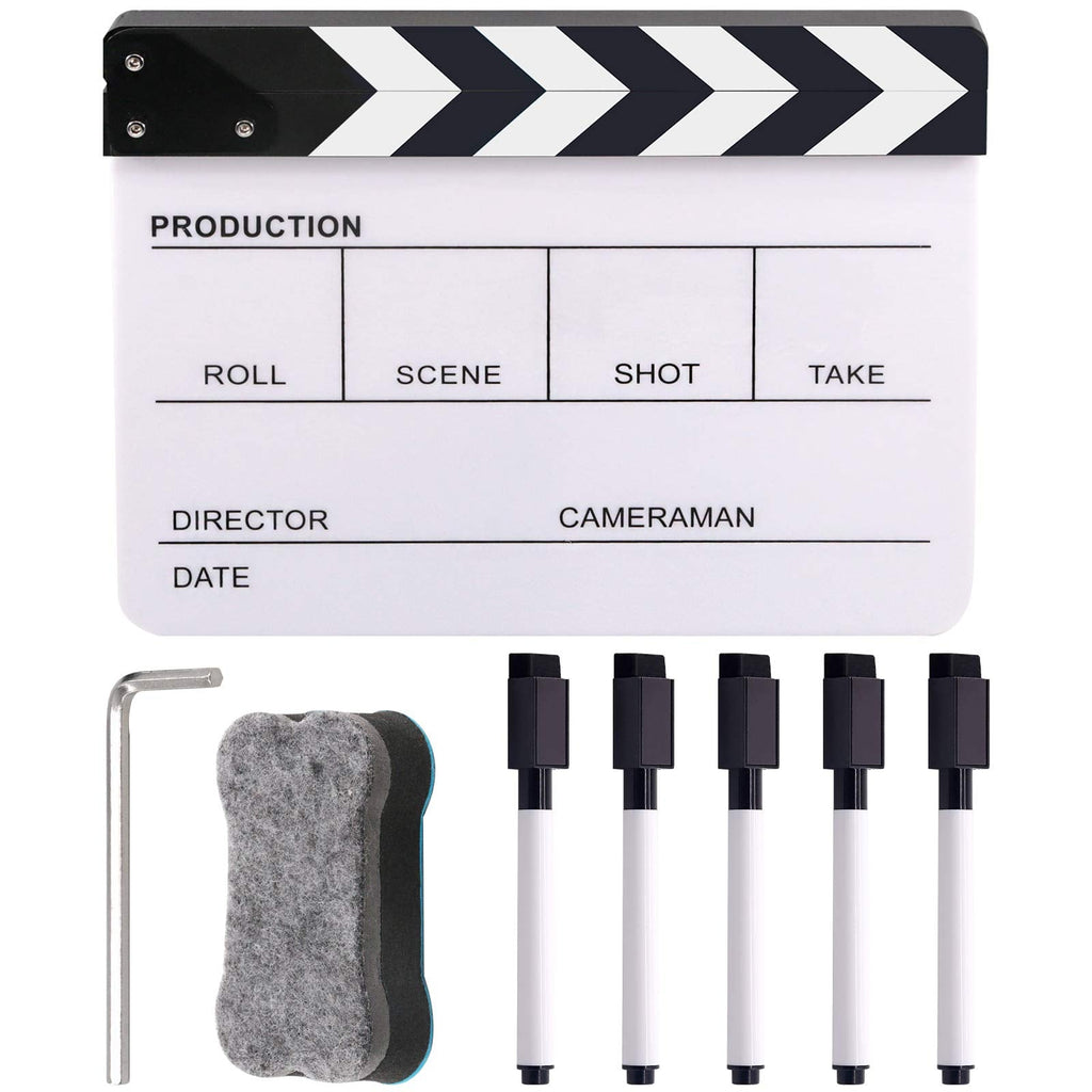  [AUSTRALIA] - Keadic Movie Film Clap Board, Black and Acrylic Directors Clapboard with 5 Pcs Erasable Pen and Chalkboard Eraser, 10 x 12'' Photography Studio Video TV Cut Action Scene Clapper Board