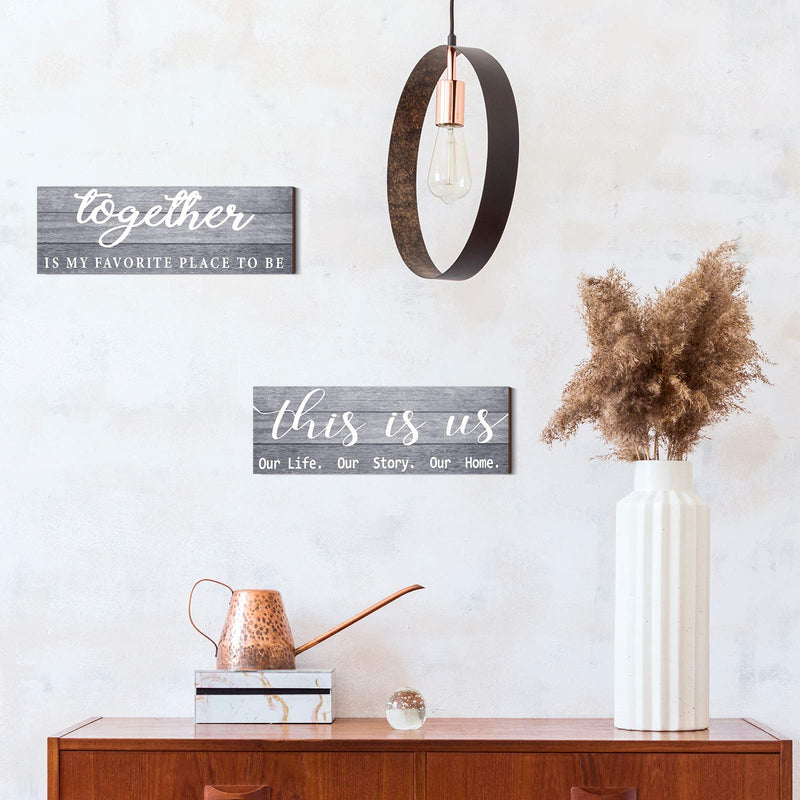  [AUSTRALIA] - 2 Pieces This is Us Our Life Our Story Rustic Print Wood Signs Together Rustic Wooden Wall Art Signs Farmhouse Entryway Signs for Bedroom Living Room Office Decor, 4.7 x 13.8 Inch (Gray) Gray