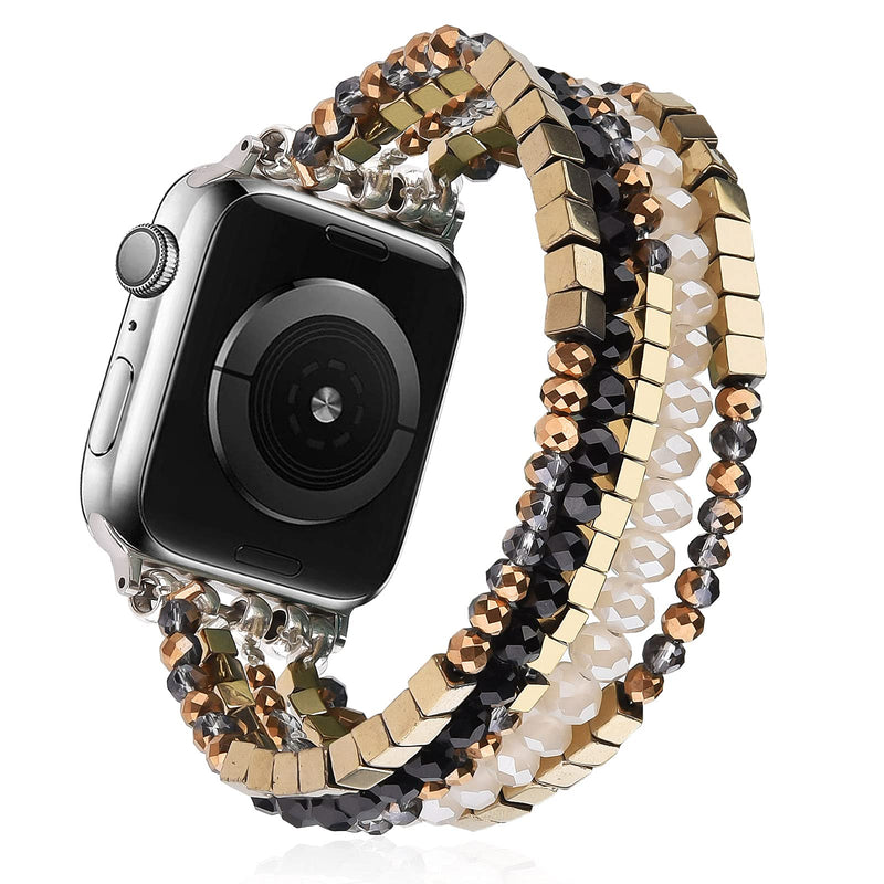 [AUSTRALIA] - MOFREE Beaded Bracelet Compatible for Apple Watch Band 40mm/38mm/41mm Series 7/SE/6/5/4/3/2/1 Women Fashion Handmade Elastic Stretch Strap for iWatch Bands Replacement Black/Gray/White/Gold 38mm/40mm/41mm