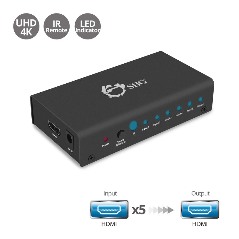  [AUSTRALIA] - SIIG 4K HDMI Switch with Remote Control 4K@30Hz Powered 5 Port HDMI Switch Box, 5 in 1 Out Source HDMI Selector (CE-H23012-S1)