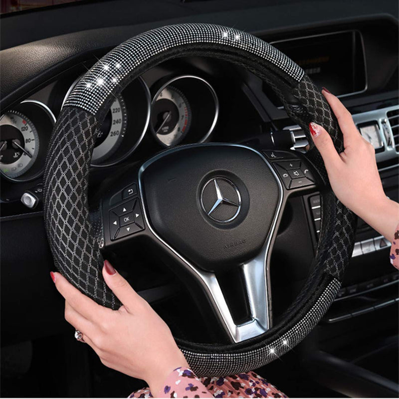  [AUSTRALIA] - KAFEEK Diamond Steering Wheel Cover with Bling Bling Crystal Rhinestones, Universal 15 inch Anti-Slip, Breathable Ice Silk Black Diamond