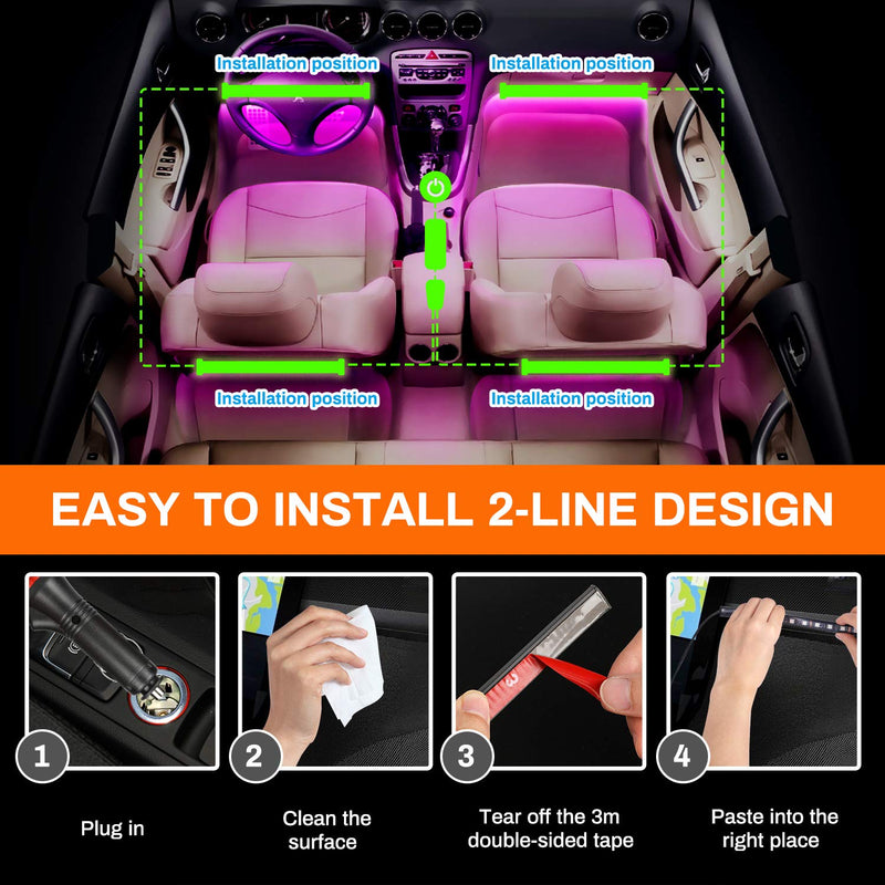 Interior Car Lights, Upgrade 2-in-1 Design DC 12V Sound Activated 48 Led Car Strip Lights, Box control, Remote Control and APP Control Lighting Kits for All Vehicles, Parties, Indoor/Outdoor 48 LEDS,Million colors,APP control - LeoForward Australia