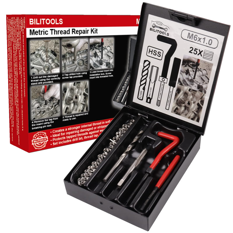  [AUSTRALIA] - BILITOOLS M6x1.0 Thread Repair Kit, HSS Drill Helicoil Repair Kit Metric Metric, M6 x 1.0