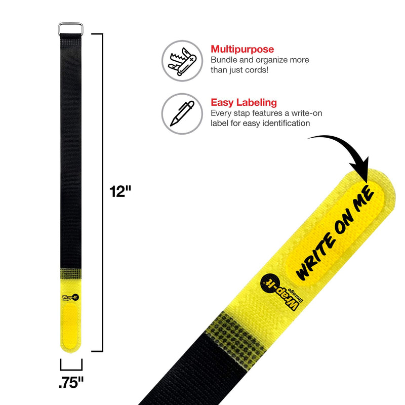  [AUSTRALIA] - Wrap-It Storage Hook and Loop Cinch-Straps 12" 16 Pack (Yellow/Black) with Write on Label for Easy Cord Identification and Cable Management, Reusable Multi-Purpose Securing Cinch Straps 12" (16 Pack) Yellow/Black