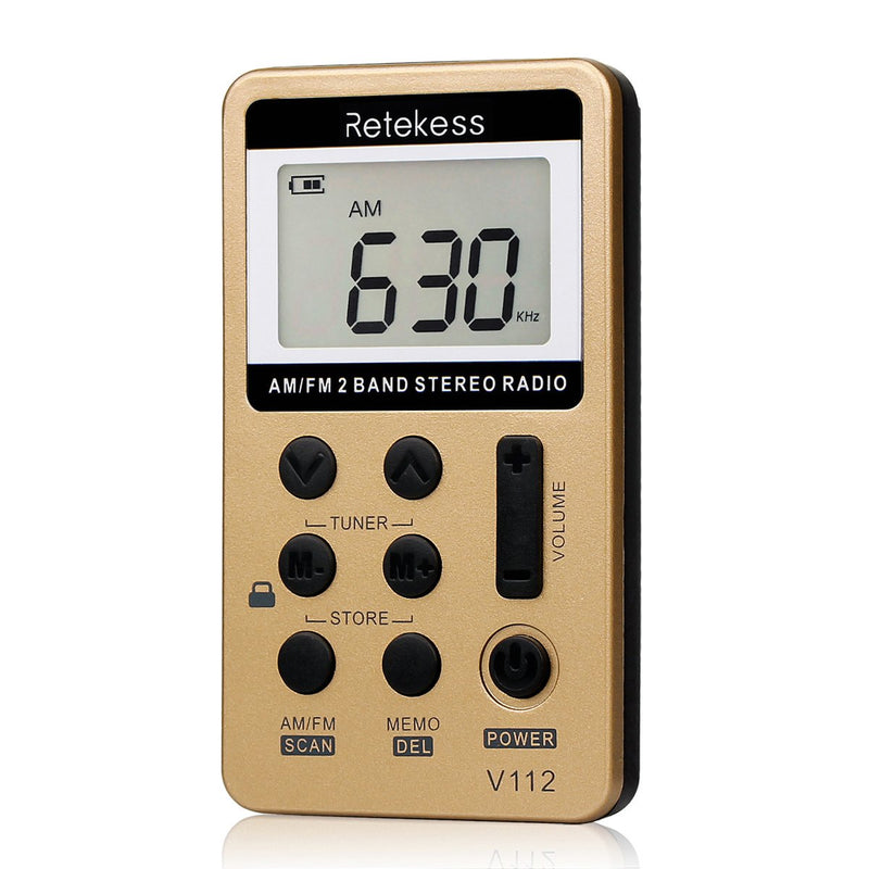  [AUSTRALIA] - Retekess V112 AM FM Radio Portable, Mini Radio with Earphone Pocket, Digital Tuning Rechargeable Battery LCD Display for Walking Jogging(Gold) Gold