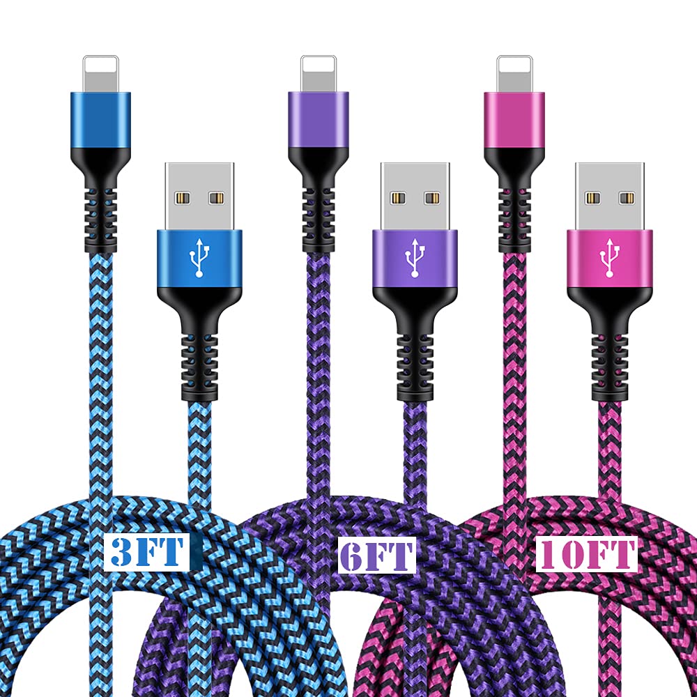  [AUSTRALIA] - iPhone Charger [3/6/10ft], 3Pack Long Braided Cables, Fast Charging Power Charger Cords for iPhone 13 12 Pro Max/SE/11/11 Pro/11Pro Max/XS/XR/8/7/6S Plus, iPad mini, iPro Air, Touch USB Lightning Wire 3Pack- Blue/3Ft, Purple/6Ft, Pink/10Ft