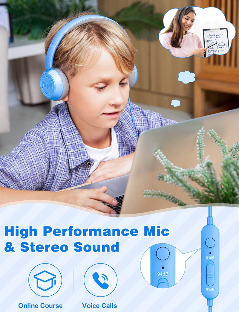  [AUSTRALIA] - Kids Headphones for School Boys Girls with Microphone, Link Dream Volume Limiter 85/94dB Stereo 3.5mm Jack On-Ear Folding Headphones for Kids Chromebook Computer Tablet, Blue(USB-C Adapter Provided)