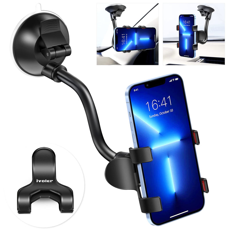  [AUSTRALIA] - ivoler Car Phone Mount Windshield, Long Arm Clamp Universal Windshield with Double Clip Strong Suction Cup Cell Phone Holder Compatible with iPhone 13 12 11 Pro XS Max 7 8 6 Plus for Galaxy S22 Ultra