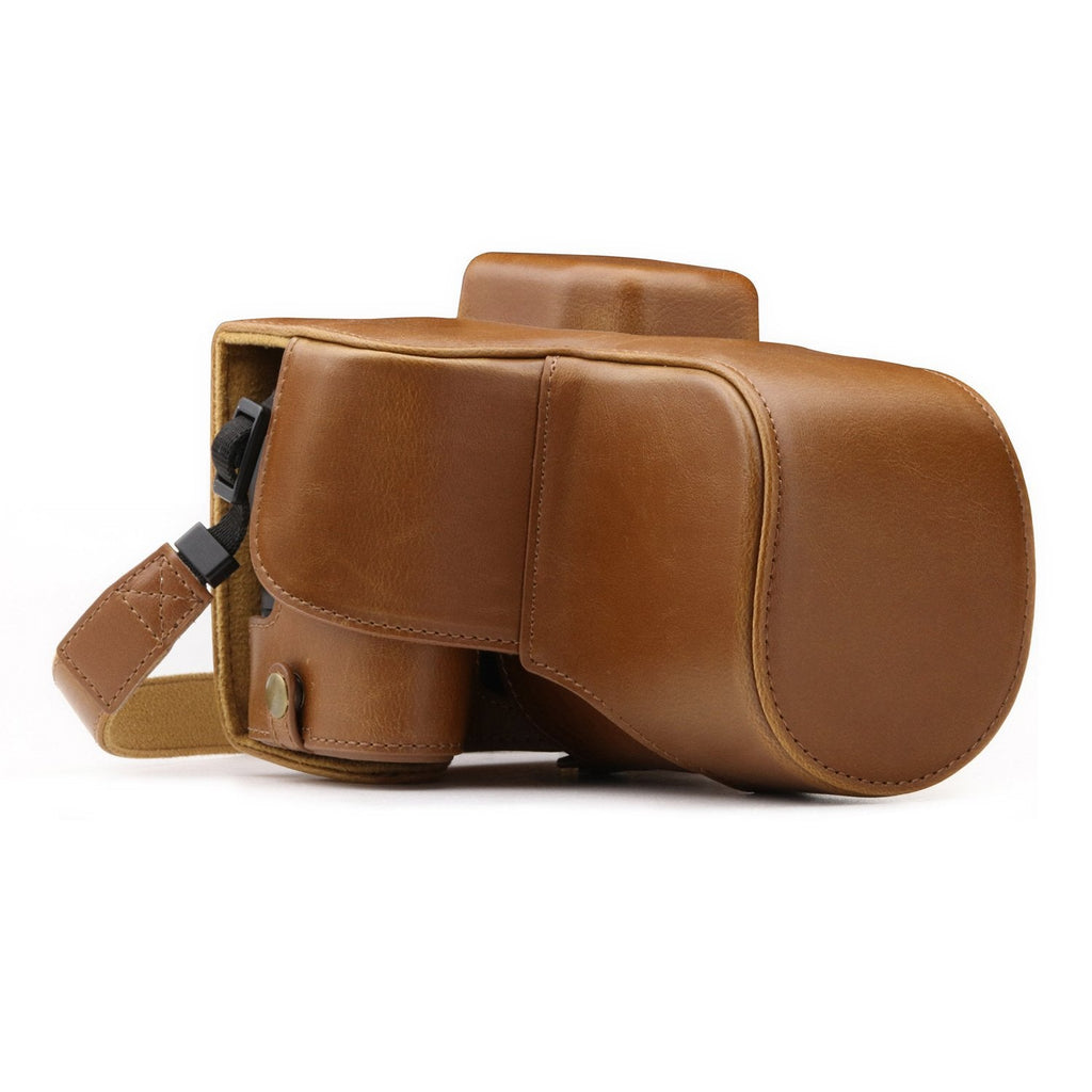  [AUSTRALIA] - MegaGear Ever Ready Leather Camera Case Compatible with Canon EOS Rebel SL3, Kiss X10, Rebel SL2, Kiss X9 18-55mm Lens Light Brown