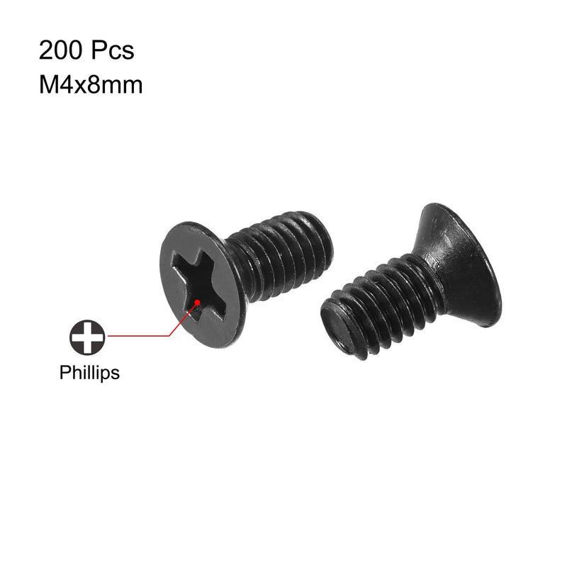  [AUSTRALIA] - uxcell M4 x 8mm Phillips Screw Fastener Black for Laptop PC TV Fan Switch 200pcs