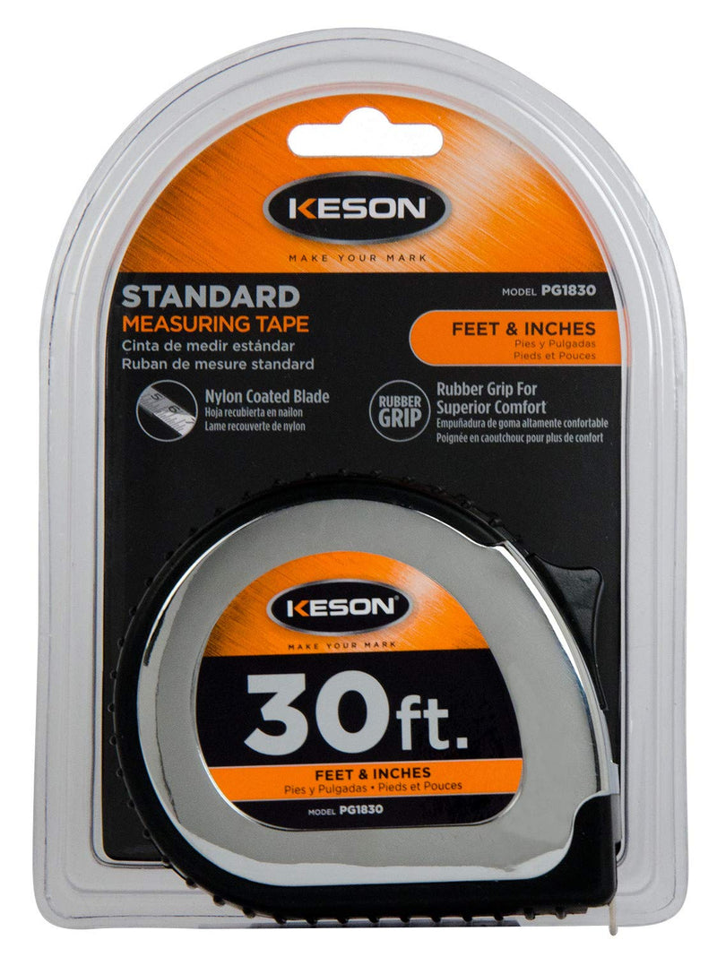  [AUSTRALIA] - Keson PG1830 Chrome Series Tape Measure with Nylon-Coated Steel Blade (Graduations: ft., in, 1/8), 1-Inch by 30-Foot 30ft Length x 1" Width Increments: 1/8, 1/16 (1/32 first 12")