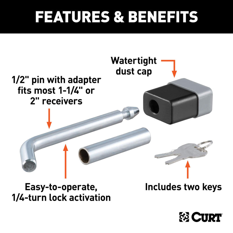  [AUSTRALIA] - CURT 23024 Trailer Hitch Lock, 1/2-Inch Pin Diameter with 5/8-Inch Adapter, Fits 1-1/4-Inch or 2-Inch Receiver