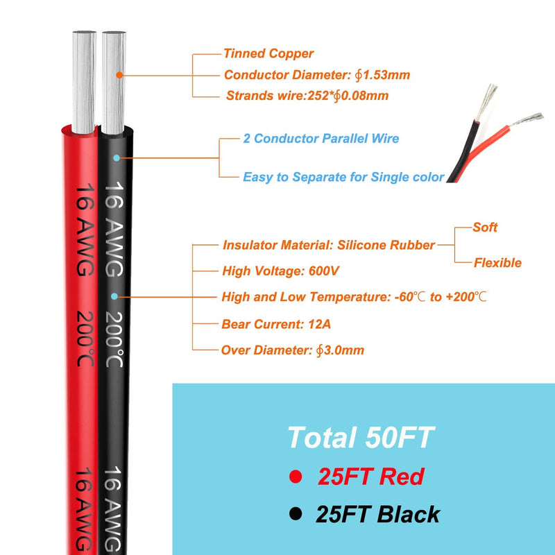  [AUSTRALIA] - 16awg Silicone Electrical Wire 2 Conductor Parallel Wire line 50ft [Black 25ft Red 25ft] 16 Gauge Soft and Flexible Hook Up Oxygen Free Strands Tinned Copper Wire 16AWG/1.3mm²-2 Core-25FT