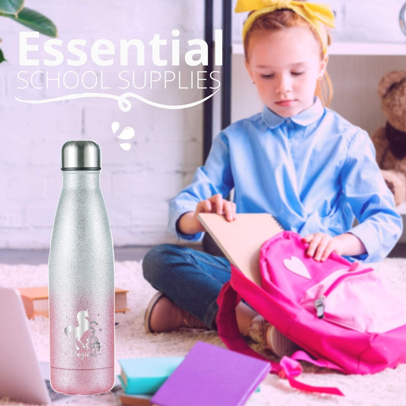  [AUSTRALIA] - Unicorn Gifts, Unicorn Party Supplies, Stainless Steel Water Bottle, Kids Water bottle 17oz/500ml Double Wall Vacuum Insulated Thermo Bottle Glitter Pink Magical