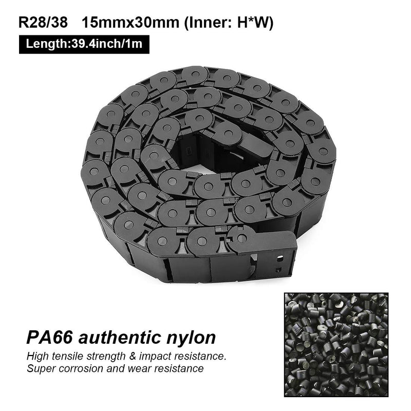  [AUSTRALIA] - LMioEtool R28/38 15mm x 30mm(Inner H x Inner W) Black Plastic Cable Wire Carrier Drag Chain 1M Length for CNC, with End Connectors - Semi Enclosed Type (Inner Side openable) 15*30B