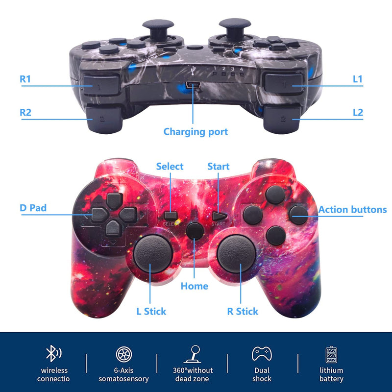  [AUSTRALIA] - PS3 Controller Wireless, Gaming Remote Joystick for Playstation 3 with Charger Cable Cord (Red Star, Black Ghost) Red Star, Black Ghost