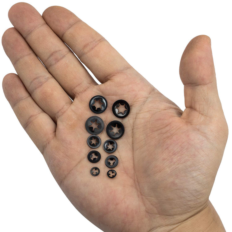  [AUSTRALIA] - OIIKI 200pcs M2/M2.5/M3/M4/M5 Internal Tooth Starlock Washers, Quick Speed Locking Washers, Push On Speed Clips Fasteners Assortment Kit, 65 Mn Steel Star Lock Washers-40pcs Each Size (5 Sizes) 5 Sizes