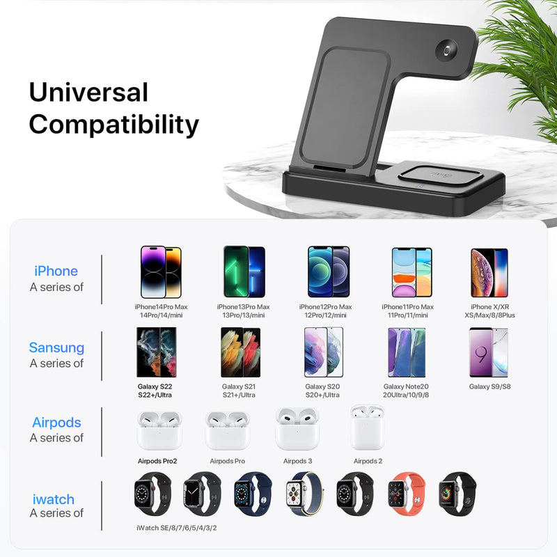  [AUSTRALIA] - Wireless Charger, Charging Station 3 in 1, Fast Wireless Charger Stand for iPhone 14/13/12/11/Pro/Max/Plus/XS/XR/X/8, Apple Watch 8/7/6/5/4/3/2/SE & AirPods black