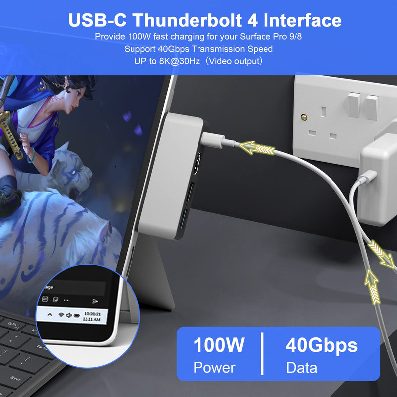  [AUSTRALIA] - Surface Pro 8 Accessories，Surface Pro 8 Docking Station with 4K HDMI，USB-C Thunderbolt 4 (Display+Data+PD Charging)，USB 3.0，USB 2.0，TF Card Slot, Triple Display USB C Hub for Microsoft Surface Pro 8 Silver