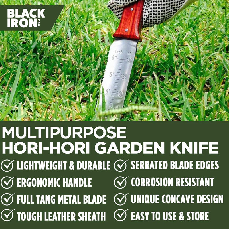  [AUSTRALIA] - Hori Hori Garden Knife [7 Inches, Japanese Stainless Steel] Durable Gardening Tool for Weeding, Digging, Cutting & Planting with Leather Sheath and Sharpening Stone