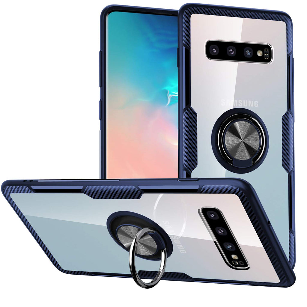  [AUSTRALIA] - Galaxy S10 Plus Case,SQMCase Crystal Clear Carbon Fiber Design Armor Protective Case with 360 Degree Rotation Finger Ring Grip Holder Kickstand [Work with Magnetic Car Mount] for Galaxy S10 Plus,Blue