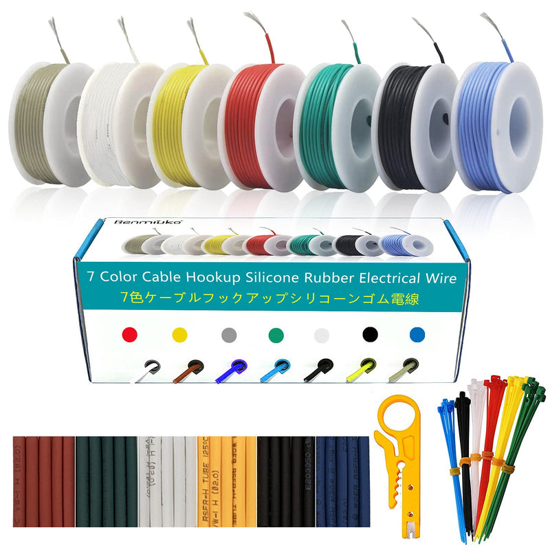  [AUSTRALIA] - Benmiuko 30awg Gauge Electrical Control Wire Flexible Silicon Stranded Hook Up 7 Colors 66 ft Spool Rubber Electric Wiring Kit Solid Heat Shrink Tube Stripper Included, Multicolored, 30AWG Kit