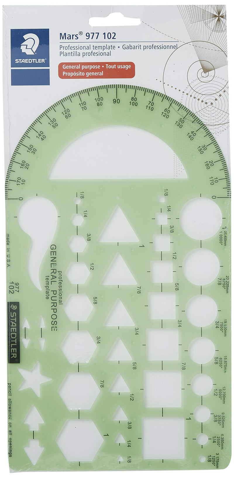 Staedtler Template, Geometric Shapes/Symbols, Protractor, Inch Scale, 9.5 x 5.5 Inches (977102) - LeoForward Australia