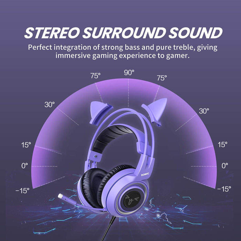 SOMIC G951S Purple Stereo Gaming Headset with Mic for PS4, PS5, Xbox One, PC, Phone, Detachable Cat Ear 3.5MM Noise Reduction Headphones Computer Gaming Headphone Self-Adjusting Gamer Headsets - LeoForward Australia