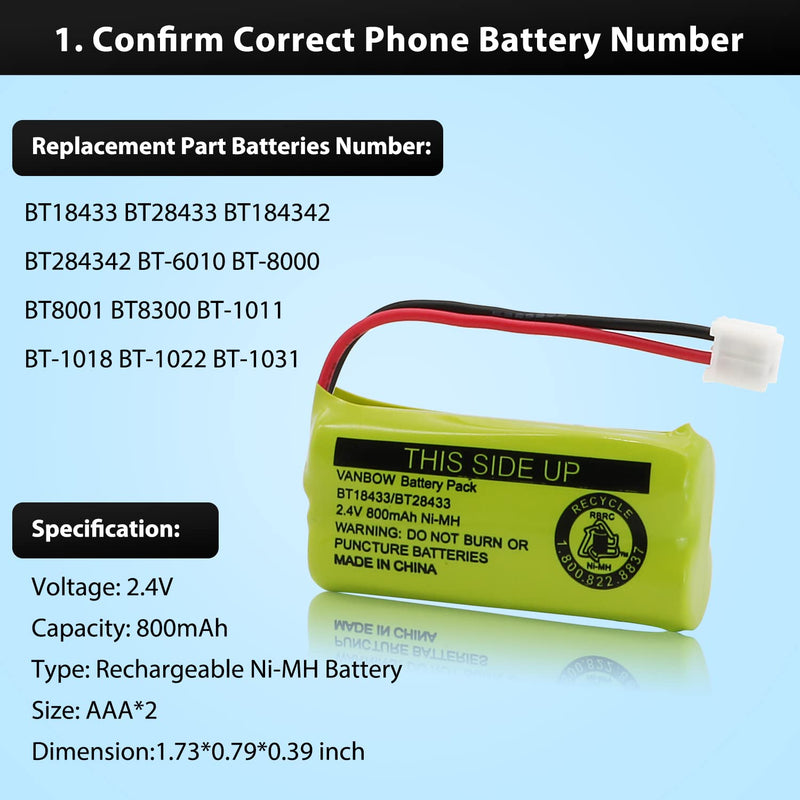  [AUSTRALIA] - BT18433/BT28433 2.4V 800mAh Ni-MH Cordless Phone Battery, Also Compatible with AT&T BT184342/BT284342 BT8300 BT1011 BT1018 BT1022 BT1031 2SN-AAA55H-S-J1 CS6120 CS6209 CL80109 EL52419 (Pack 2)
