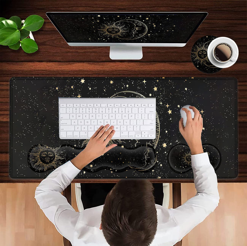  [AUSTRALIA] - Extended Large Mouse Pad+Keyboard Wrist Rest Support , Ergonomic Memory Foam Wrist Rest Easy Typing, 4Pcs Desk Pad Set for Home Office, Sun Moon Star Pattern XXL Gaming Black Desk Mat JV-mouse pad-8-35
