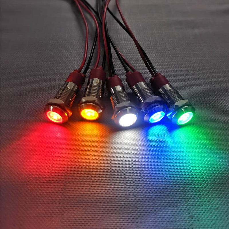  [AUSTRALIA] - Gebildet Pack of 5 8mm 3V-4.5V-5V-6V-7.5V-9V LED Metal Indicator Light Waterproof Signal Lamp Pilot Dash with Wire (Red/Orange/Blue/Green/White) Red/Orange/Blue/Green/White (8mm)