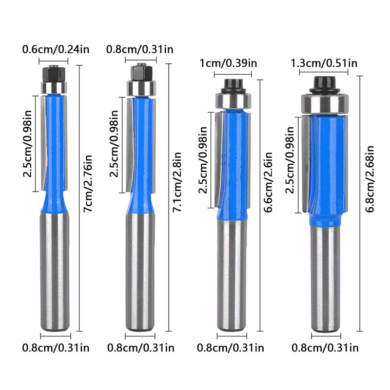  [AUSTRALIA] - 4 pieces flush cutter 8 mm shank, flush cutter cutter set, double-sided cutter with bearings, blue flush cutter, for woodworking tools for cutting, trimming (4) 4