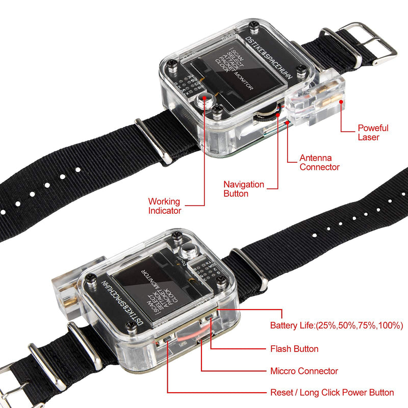  [AUSTRALIA] - MakerFocus W i F i Test Tool ESP8266 W i F i Deauther Watch DSTIKE NodeMCU ESP8266 Programmable Development Board Built in 500mAh Battery with OLED Dispaly, Wristband and 3D Printing Case Black V3