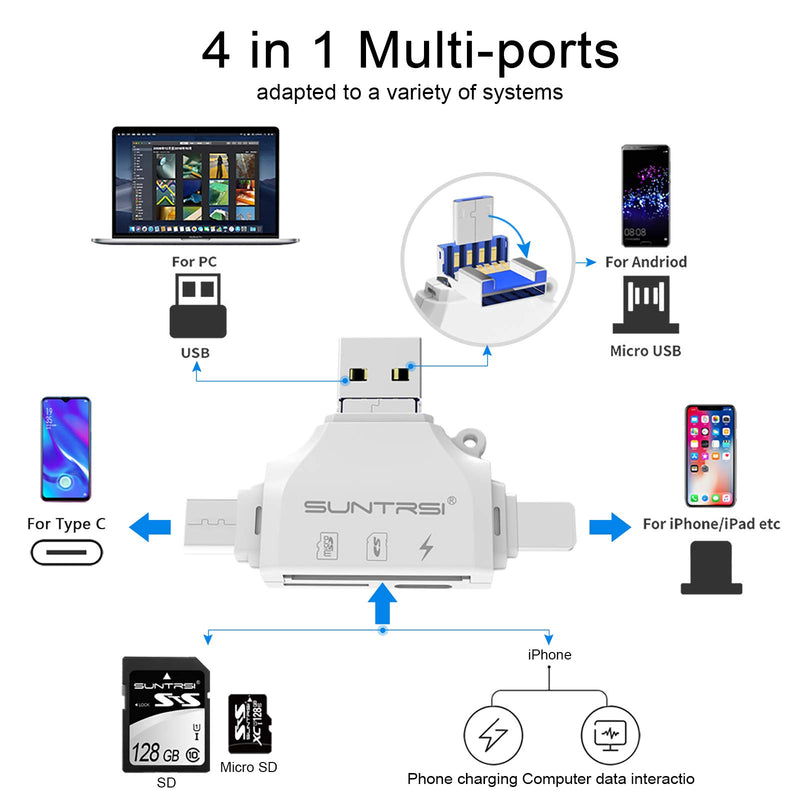 SD/Micro SD Card Reader for iPhone/ipad/Android/Mac/Computer/Camera,Portable Memory Card Reader 4 in 1 Micro SD Card Adapter&Trail Camera Viewer Compatible with TF and SD Card white - LeoForward Australia