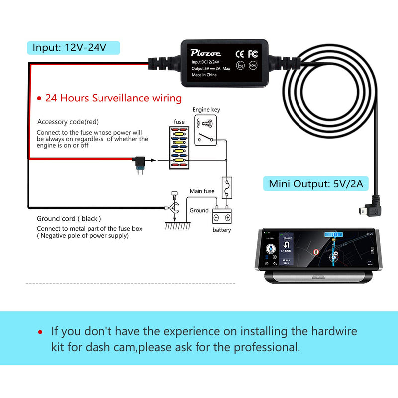  [AUSTRALIA] - Dash Cam Hardwire Kit, Mini USB Hard Wire Kit Fuse for Dashcam, Plozoe 12V-24V to 5V Car Dash Camera Charger Power Cord, Gift 4 Fuse Tap Cable and Installation Tool（11.5ft