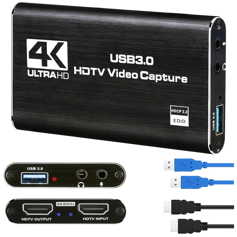  [AUSTRALIA] - 4K@60Hz Audio Video Capture Card, USB 3.0 HDMI Video Capture Device, Full HD 1080P, 3.5mm TRS Audio Input, HDCP2.2, for Game Recording, Live Streaming Broadcasting Black