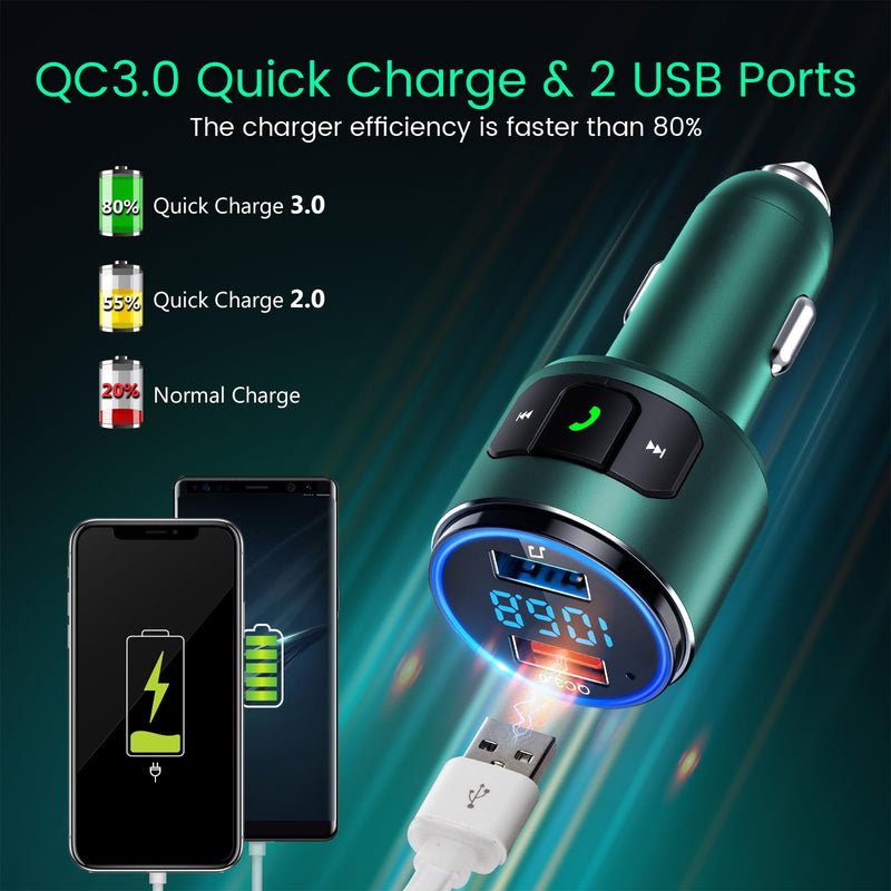  [AUSTRALIA] - Octeso Upgraded V5.0 FM Bluetooth Transmitter Car, QC3.0 & LED Backlit Wireless Bluetooth FM Radio Adapter Music Player/Car Kit with Hands-Free Calls, Siri Google Assistant-Green Green