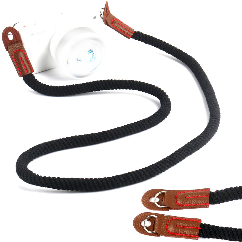  [AUSTRALIA] - Fotasy Vintage Cotton Camera Straps, Round Cord Camera Belt, Cotton Rope, Shoulder Strap, 103cm, Soft Light Weight Elastic, Neck Strap for Mirrorless Cameras and Compact DSLR,Multi,VCRB Black Cotton Rope