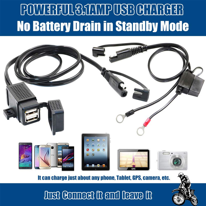  [AUSTRALIA] - MOTOPOWER MP0609EA 3.1Amp Waterproof Motorcycle Dual USB Charger Kit SAE to USB Adapter Cable Phone Tablet GPS Charger with SAE Ring Terminal Cable Harness