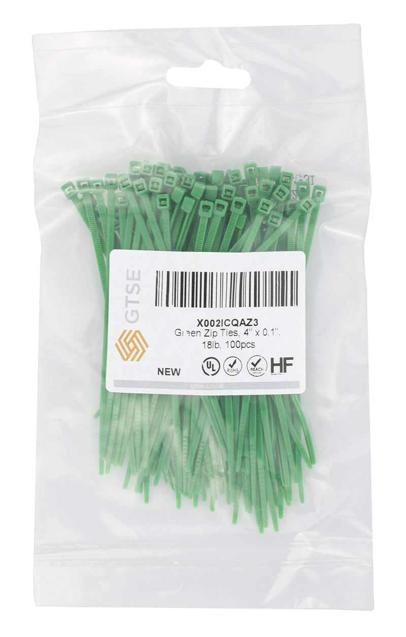  [AUSTRALIA] - GTSE 4 Inch Green Zip Ties, 100 Pack, 18lb Strength, UV Resistant Nylon Small Cable Ties, Self-Locking 4" Tie Wraps 4" (18lb)